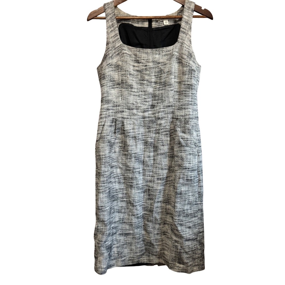 Banana Republic Sheath Dress Women 8 Black White Cotton Tweed Square Neck Pocket